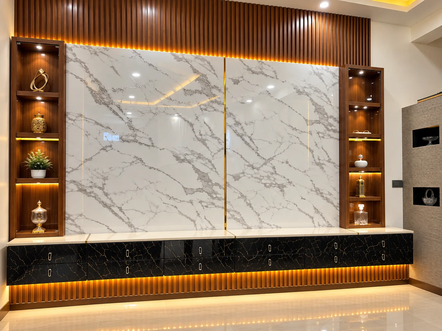Marble, wood and warm light. Interior Design & Fit-Out from the Mock Rock Gardening portfolio.