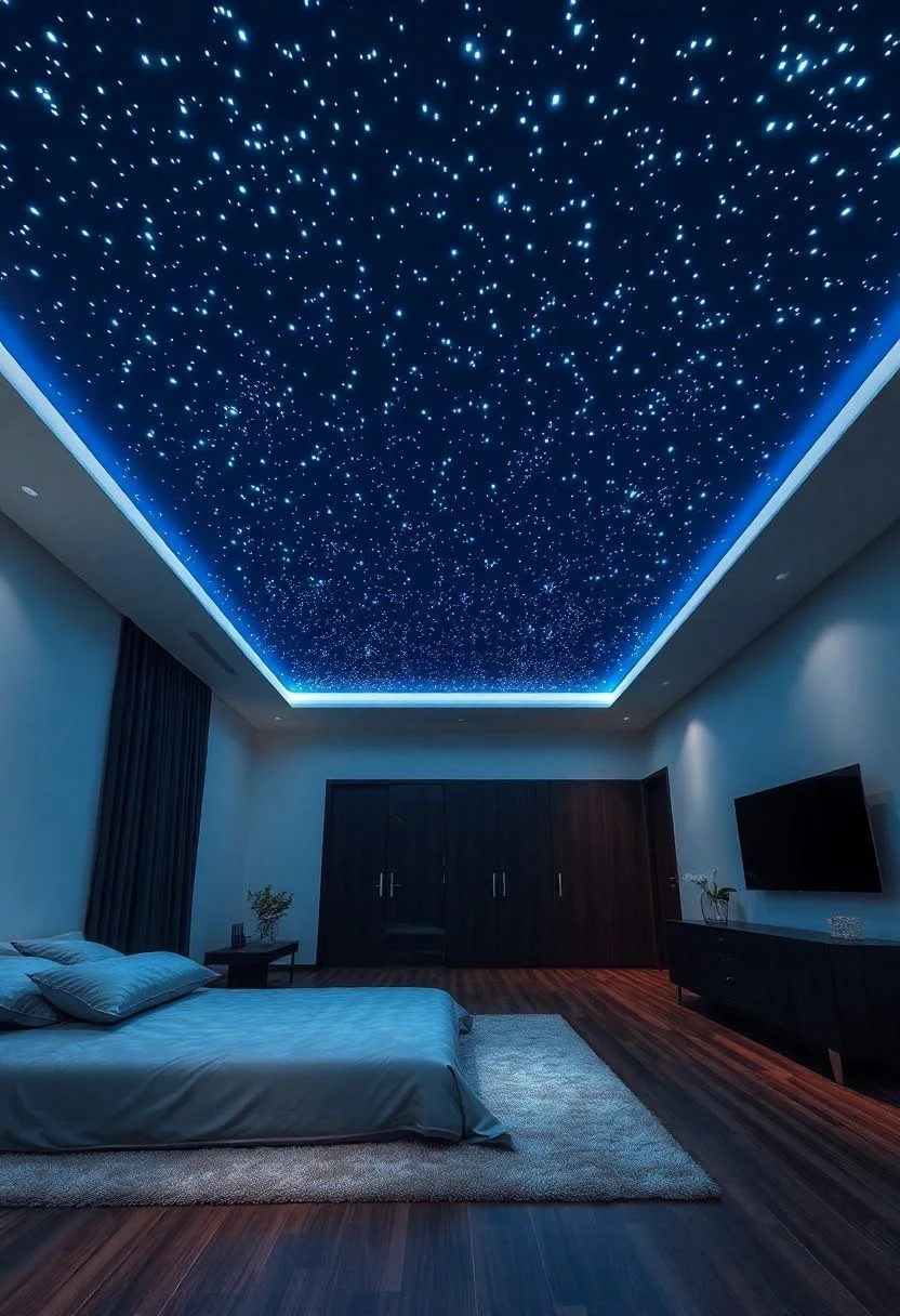 A fiber-optic star ceiling with blue perimeter lighting