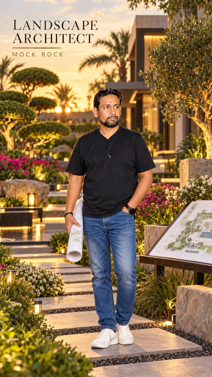 Mock Rock landscape architect in a garden setting